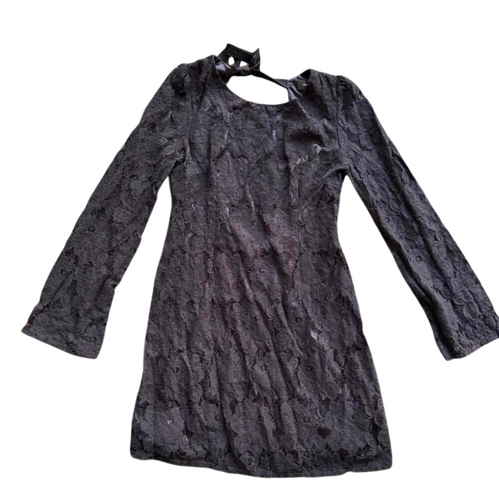 Black lace mini dress with long sleeves and a bow